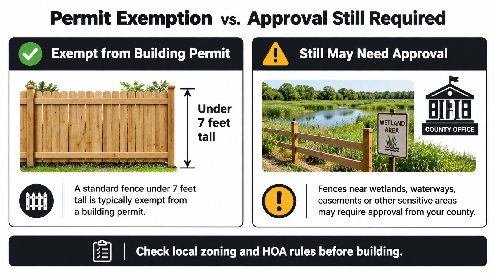An infographic showing that fences under seven feet tall are usually exempt from building permits unless near wetlands.