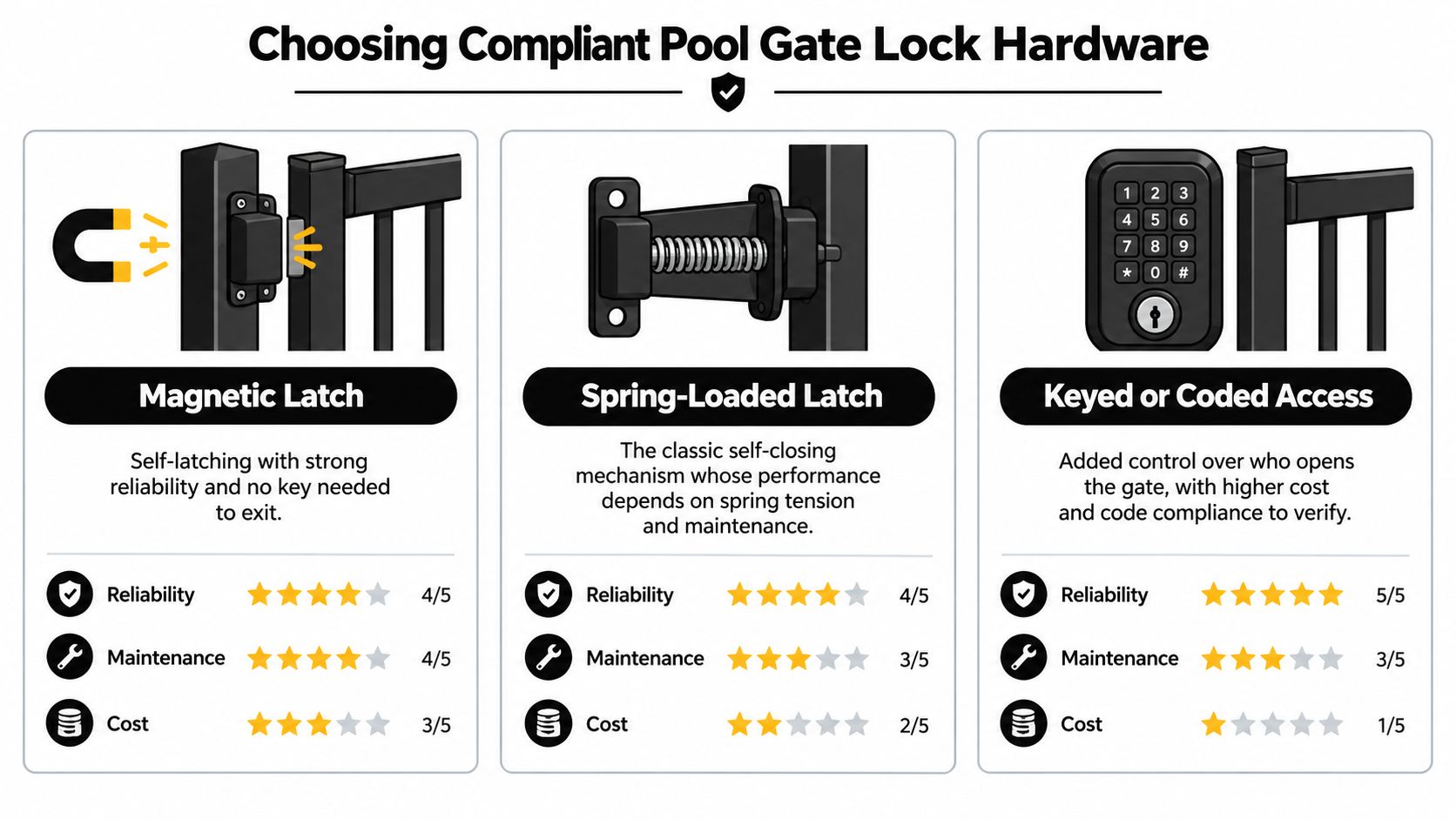 A comparison chart showing three types of pool gate locks including magnetic, spring-loaded, and keyed or coded access.