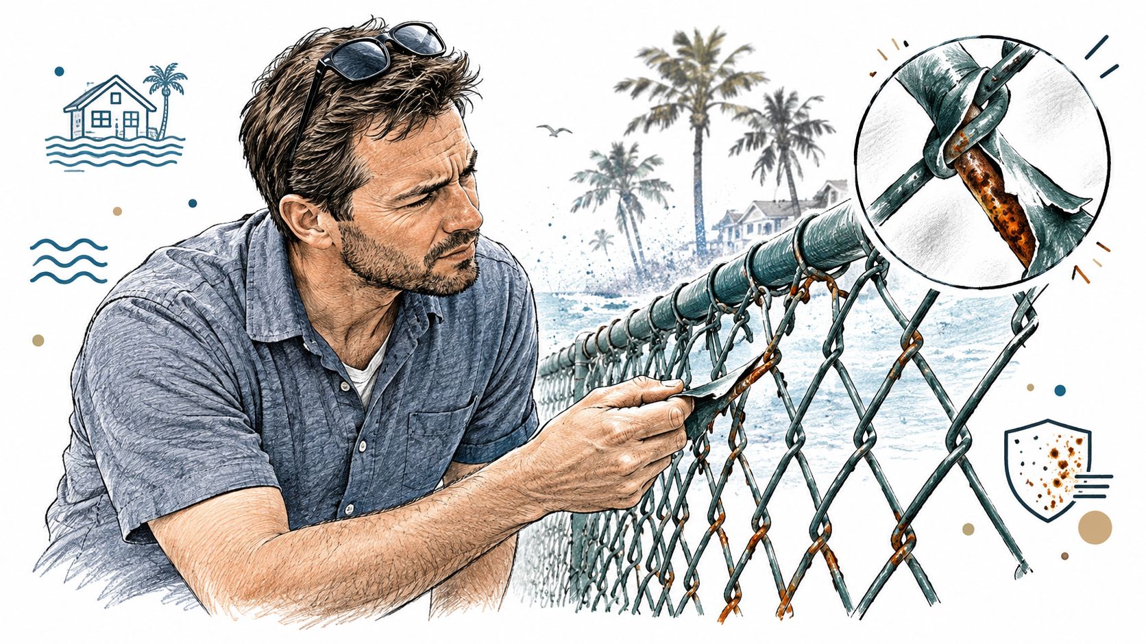A man inspecting a damaged vinyl coated chain link fence near a beach showing corrosion.