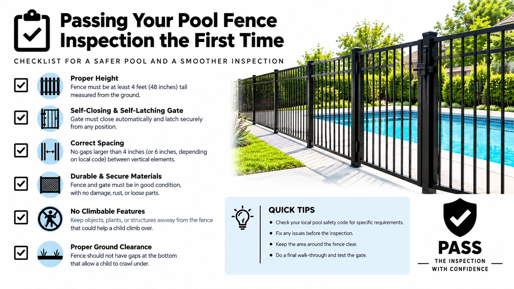An infographic checklist outlining essential safety requirements for passing a residential swimming pool fence inspection.