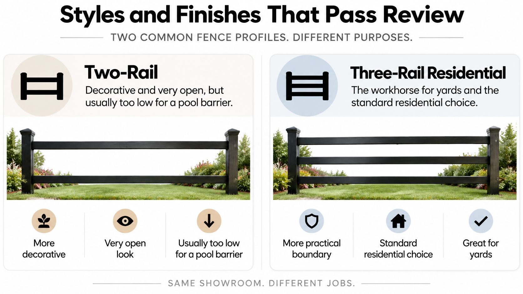 A comparison graphic showing two-rail and three-rail residential fence styles with their respective uses and benefits.