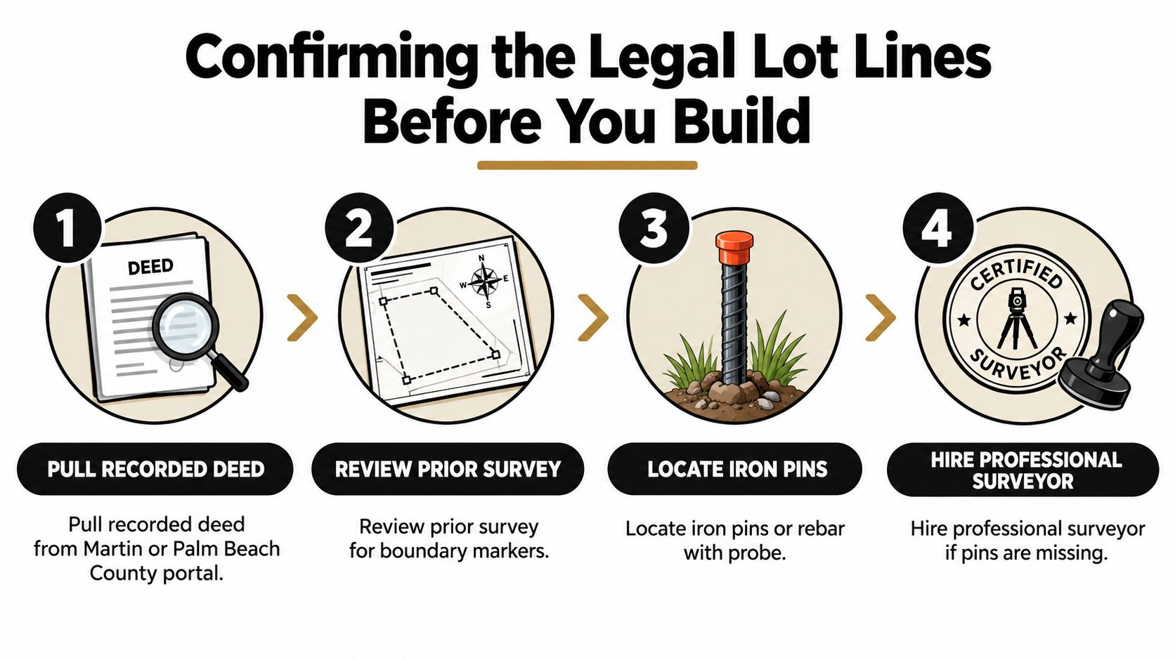 A four-step infographic illustrating the process of confirming legal property lines before starting a construction project.