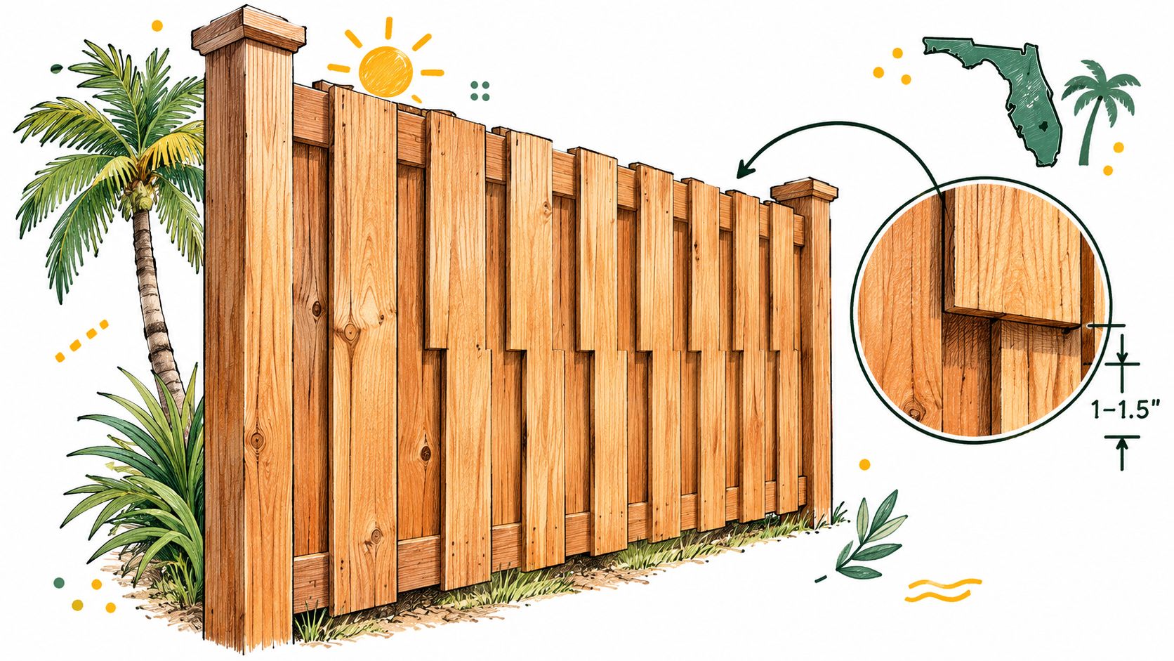 A detailed illustration of a wooden board-on-board privacy fence design suitable for warm, sunny climates like Florida.