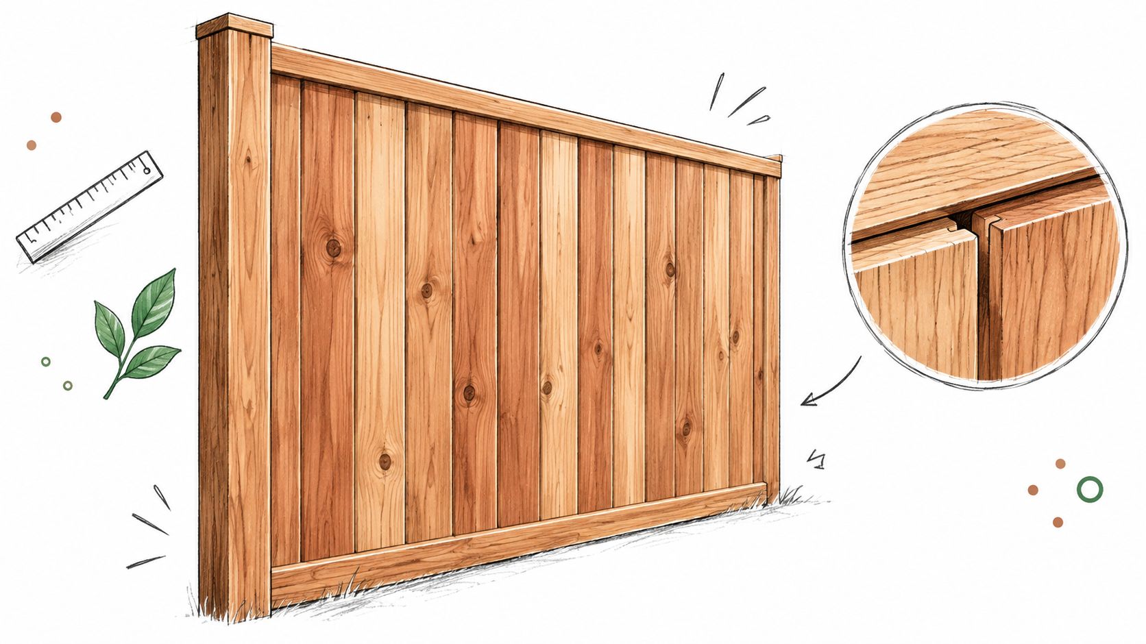 A detailed technical illustration of a wooden privacy fence showing panel construction and joinery details.