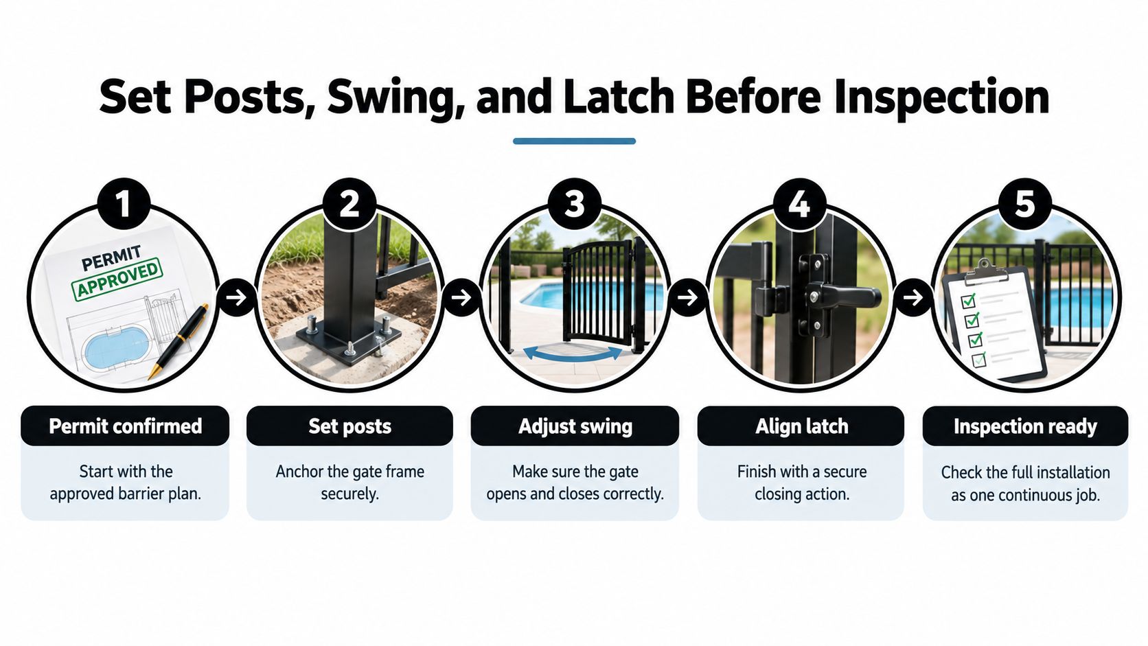 A five-step infographic showing the process for pool gate installation from permit approval to final inspection.