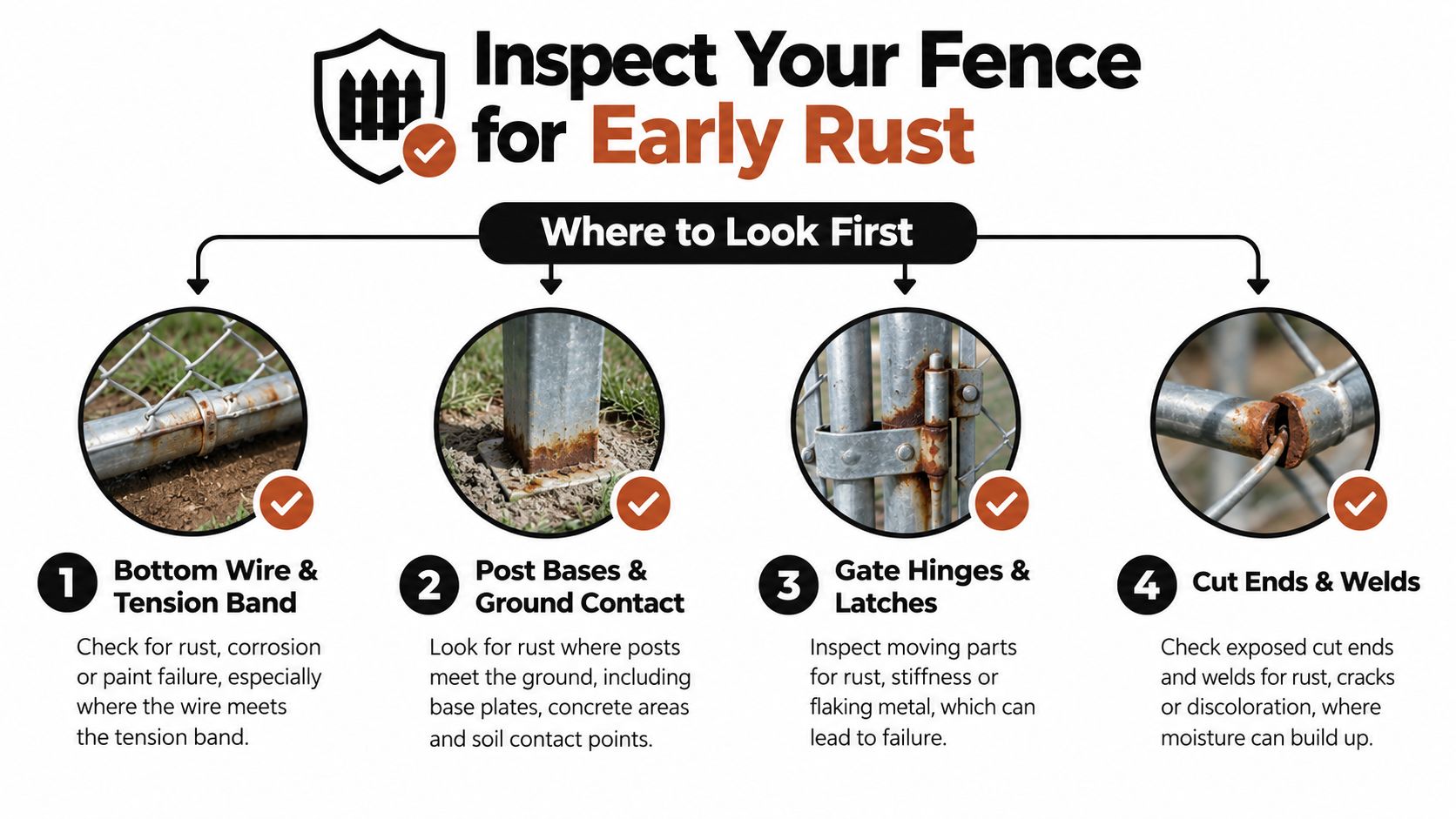 A guide showing four areas on a fence to inspect for early signs of rust and corrosion.