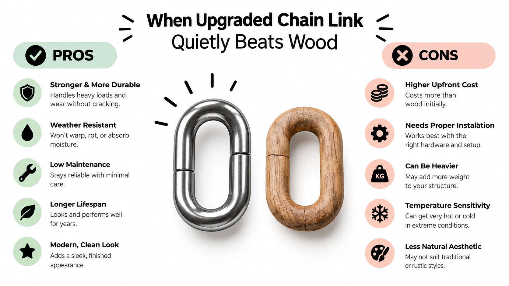 A comparison chart showing the pros and cons of upgraded chain link fencing versus traditional wood fencing.