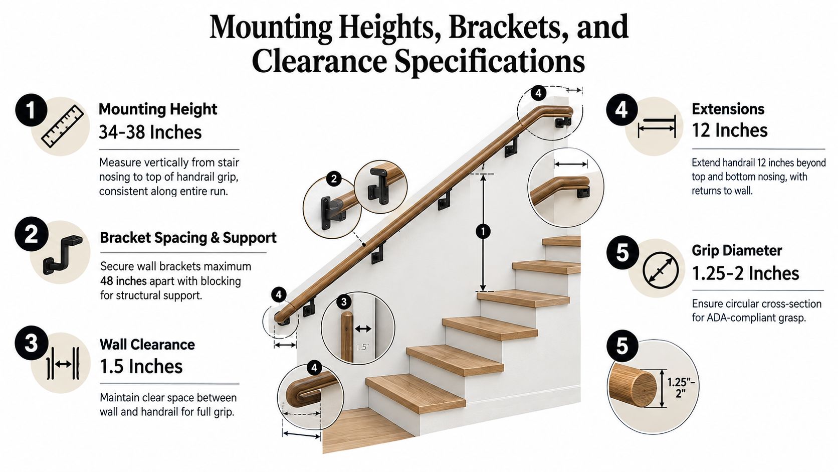 An infographic detailing ADA compliant handrail installation specifications including height, bracket spacing, clearance, and grip diameter requirements.