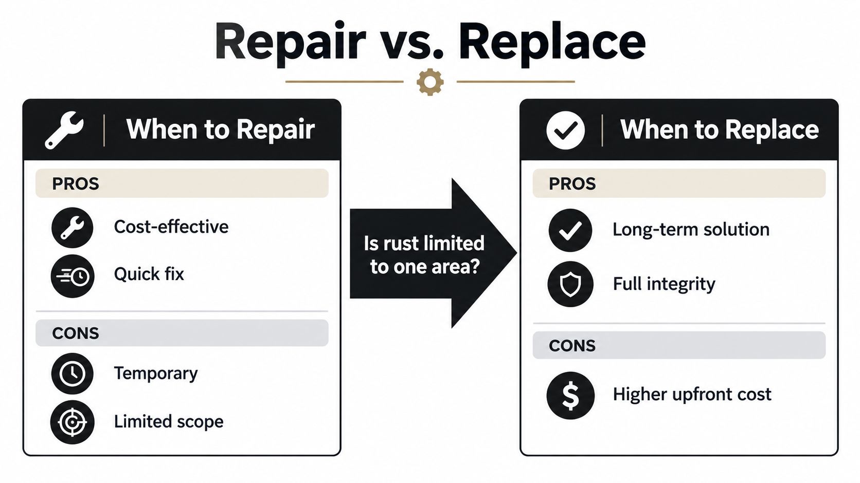 A comparison chart outlining the pros and cons of deciding whether to repair or replace a rusted fence.