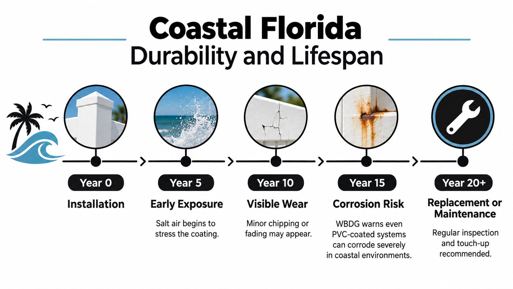 A timeline graphic showing the durability and lifespan of coastal fencing over twenty years in Florida.