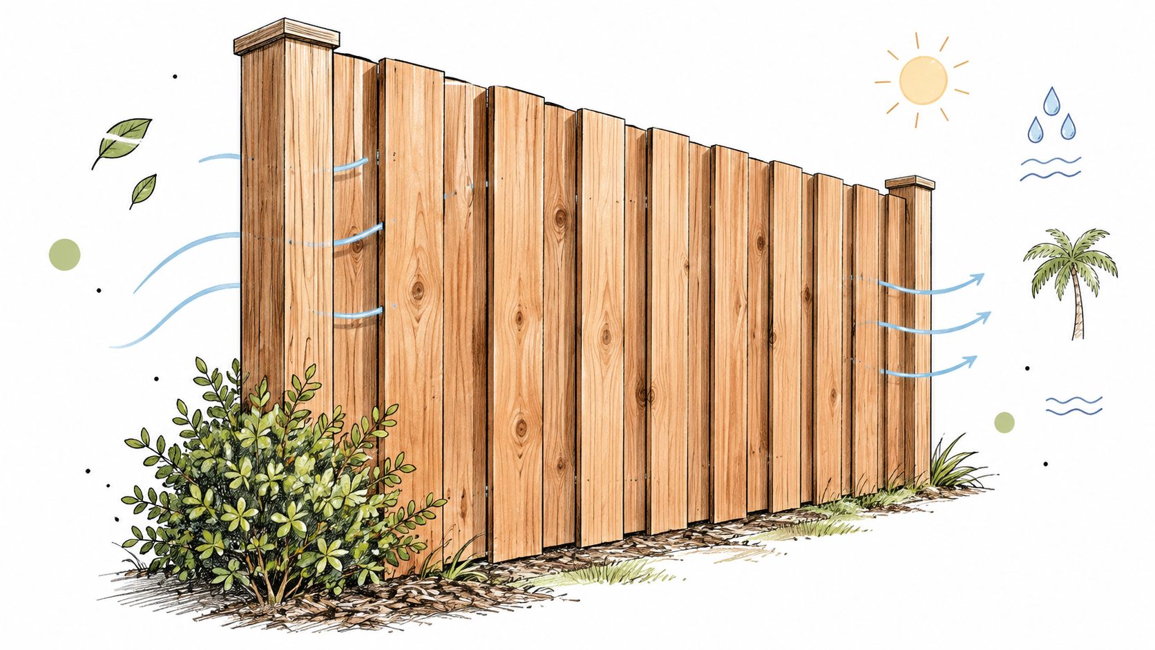 A wooden privacy fence standing outdoors with wind, sun, and rain icons representing weather protection.