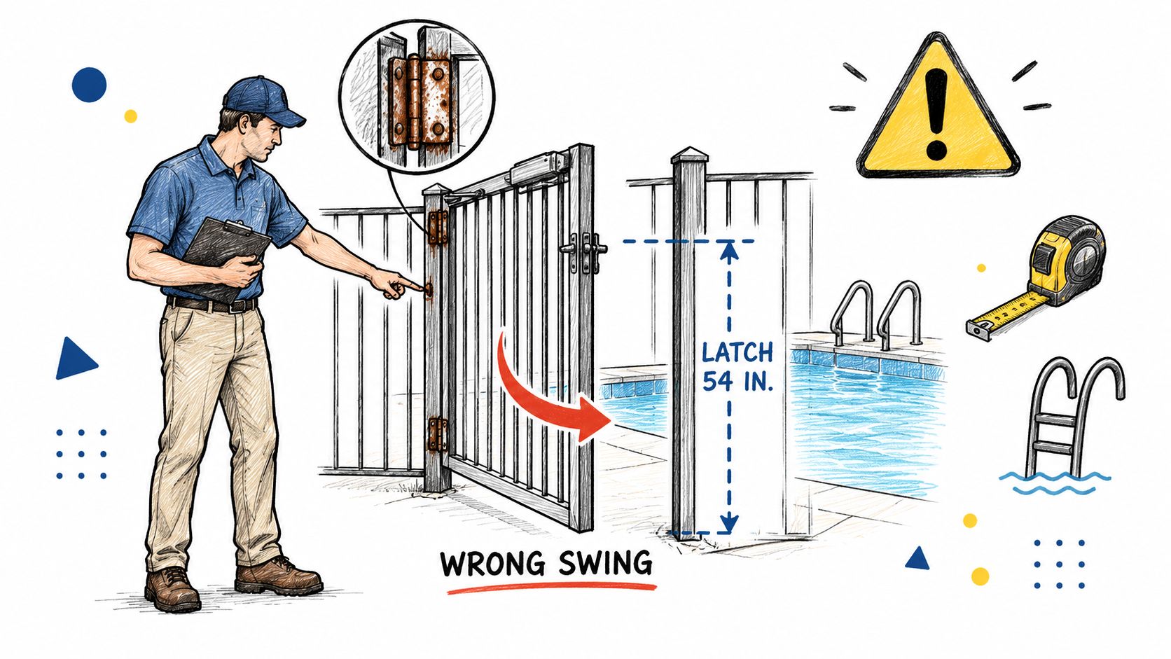 An inspector pointing at a rusty pool gate hinge, highlighting incorrect gate swing direction and latch height.