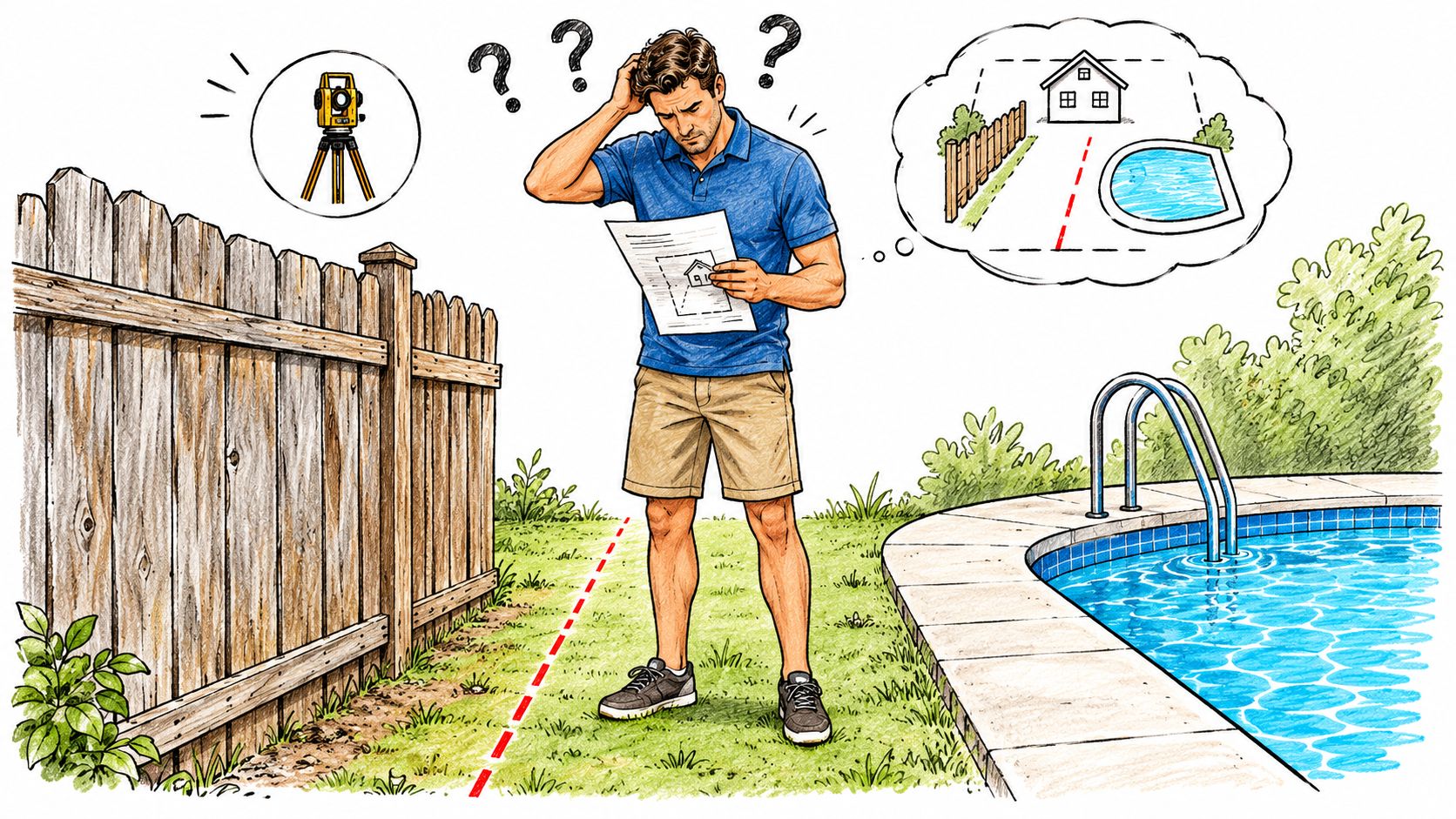 A confused man holding a property survey document standing in his backyard near a fence and pool.