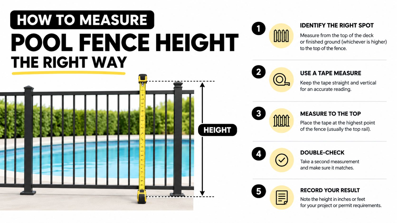 An infographic showing instructions on how to measure the height of a black metal pool fence.