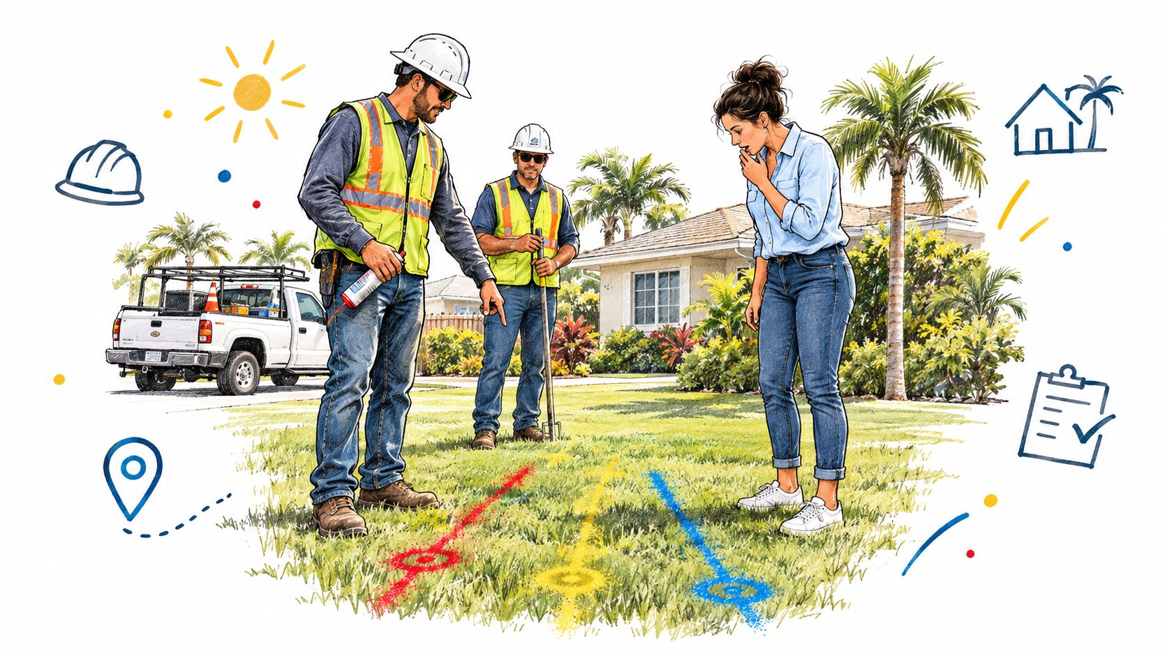 Two utility locators explaining 811 underground utility marking colors to a homeowner in a residential yard.