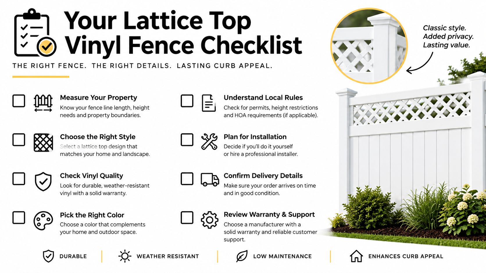 A helpful checklist for installing a white vinyl fence with a decorative lattice top design.