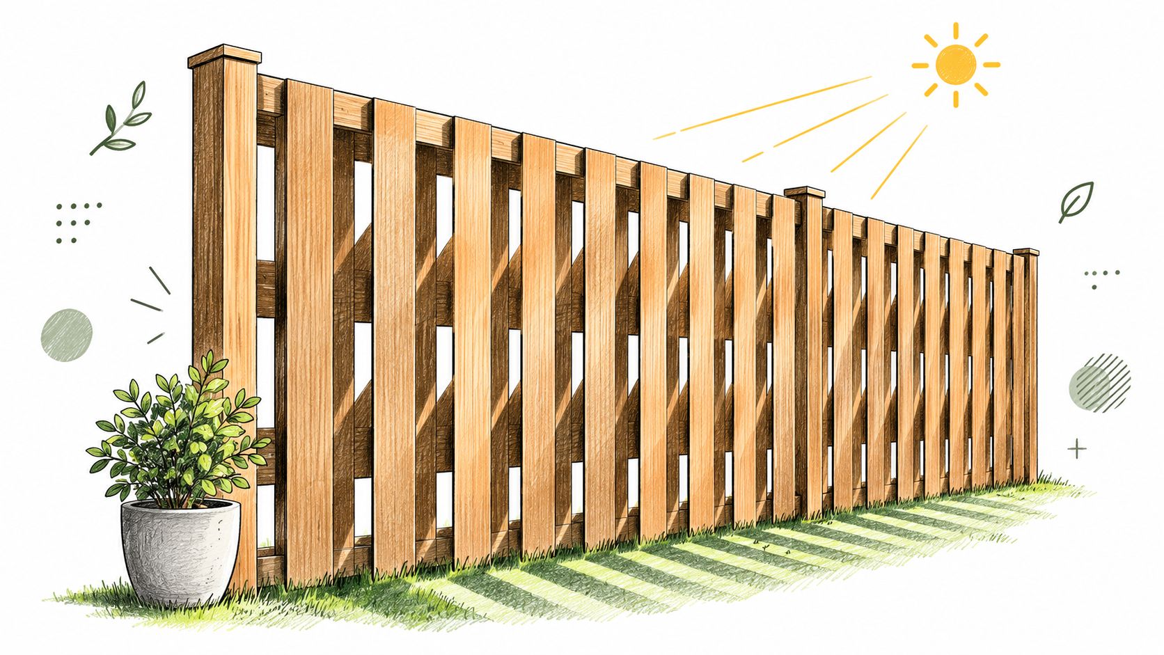 A sketched illustration of a wooden privacy fence with vertical slats under a bright sun.