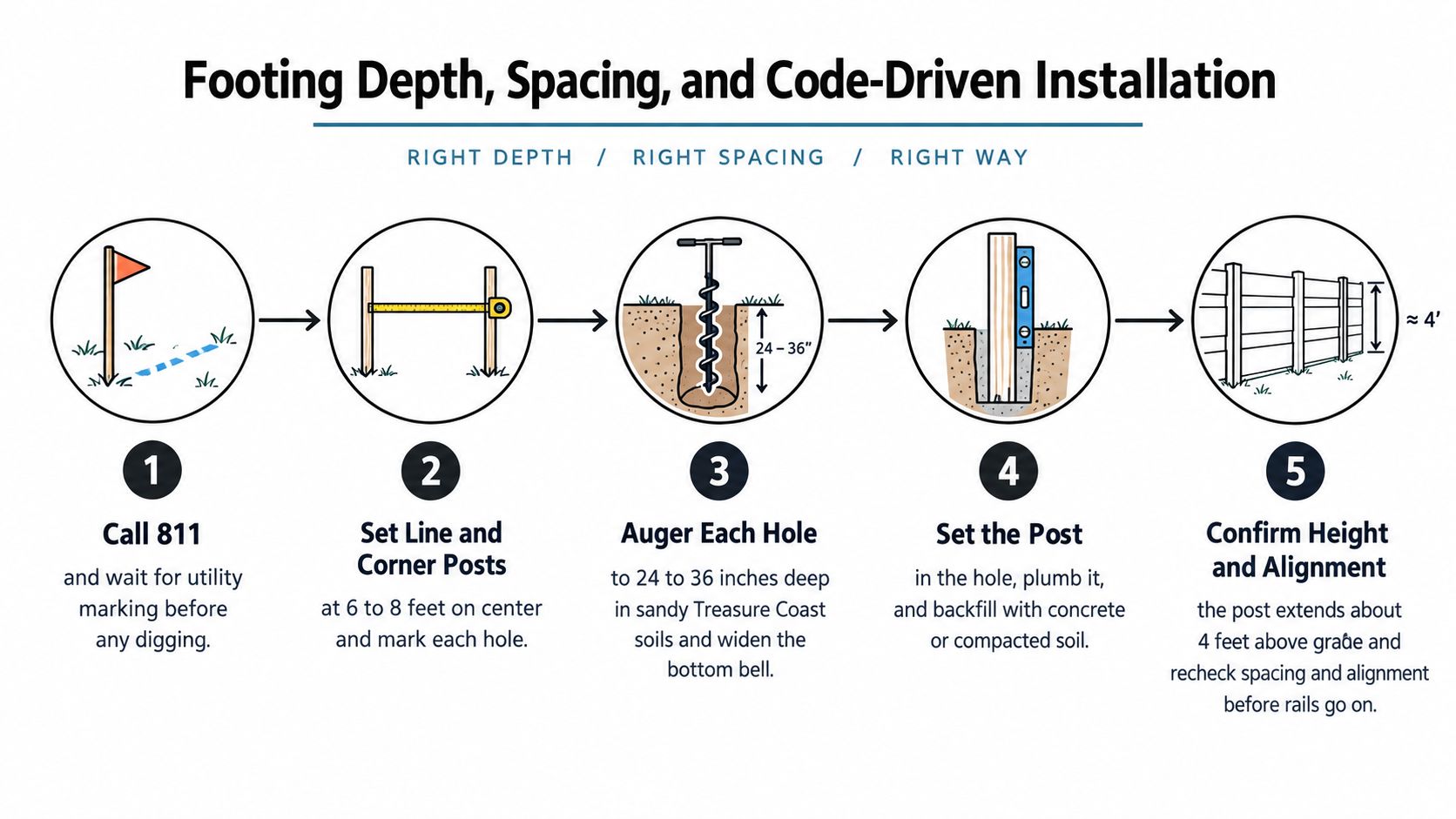 A five-step infographic showing the proper process for installing aluminum fence posts in the ground.