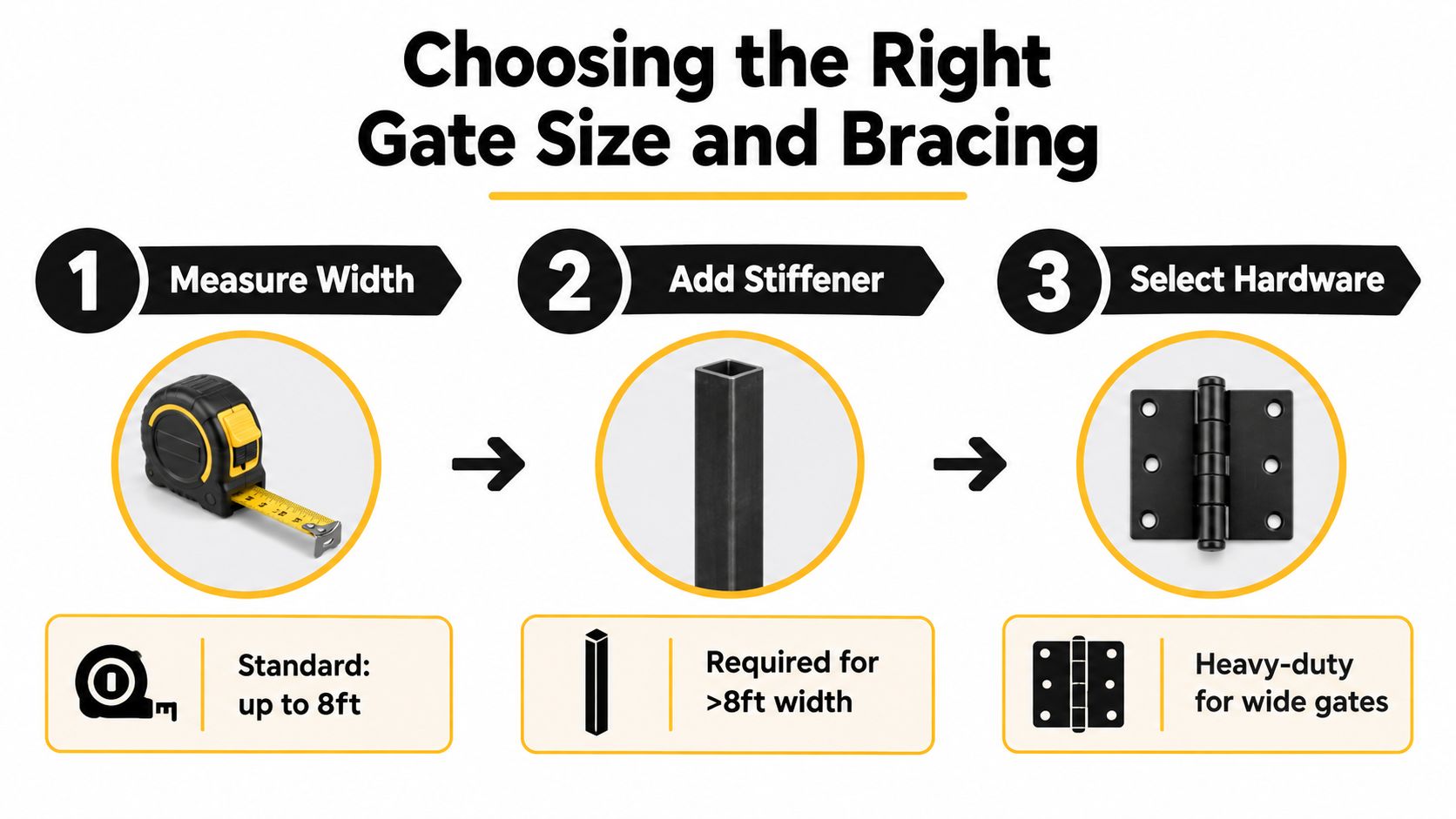 A three-step instructional guide on how to choose the right gate size, stiffeners, and hardware components.