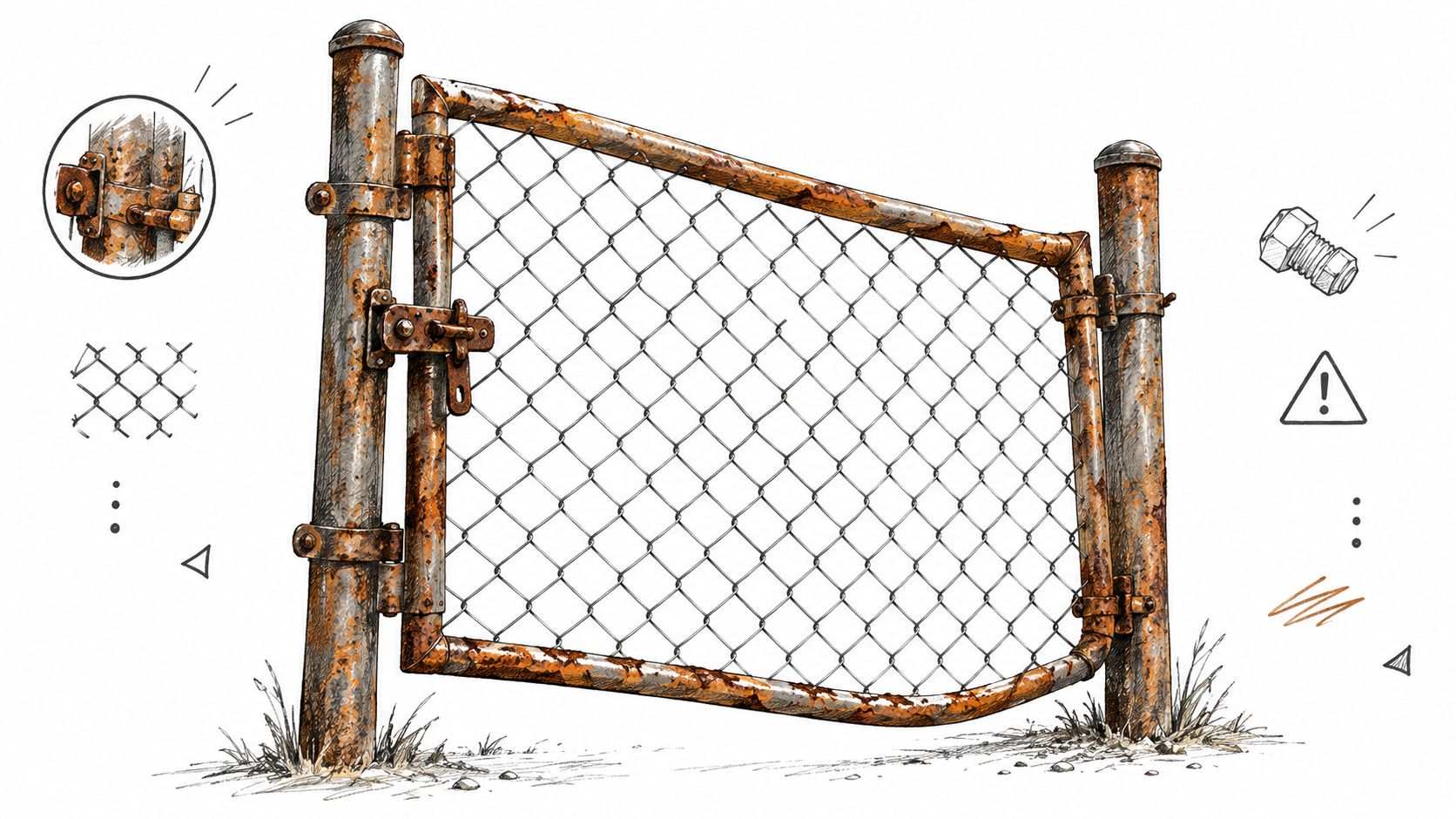 A detailed artistic illustration of a weathered, rusted chain link fence gate standing on white background.