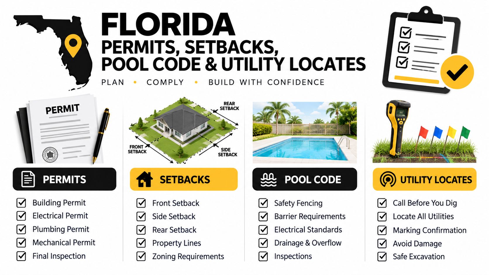 A graphic outlining essential steps for construction projects in Florida including permits, property setbacks, pool codes, and utility locating.