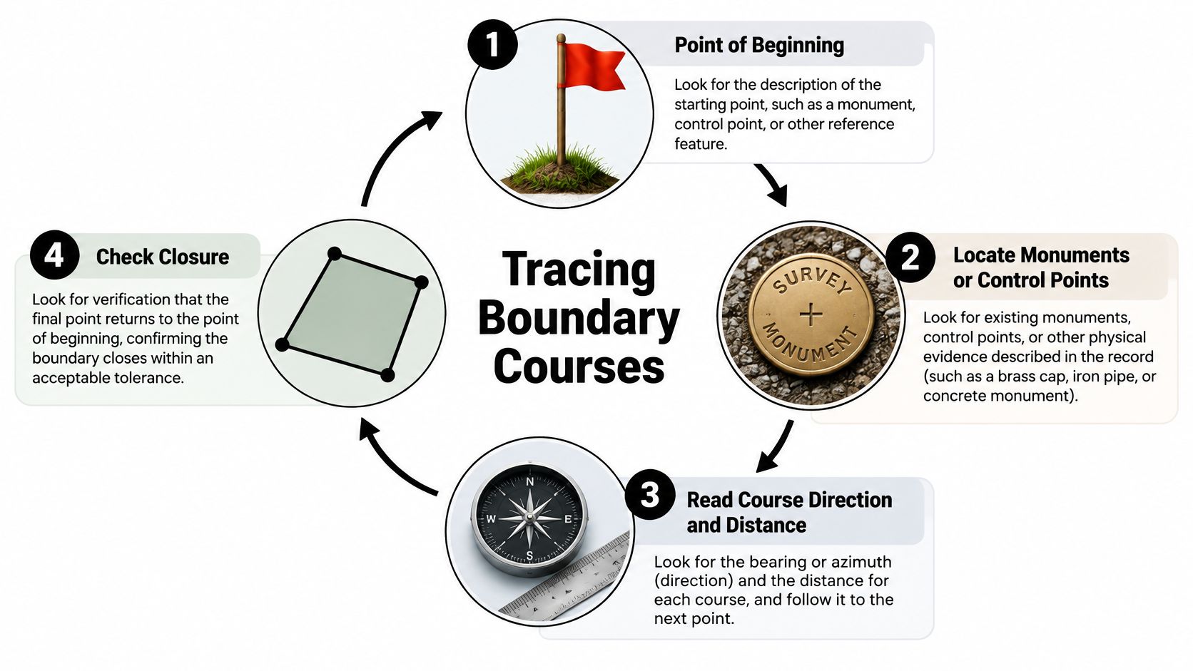 A diagram illustrating the four-step process for tracing land boundary courses using a survey map.