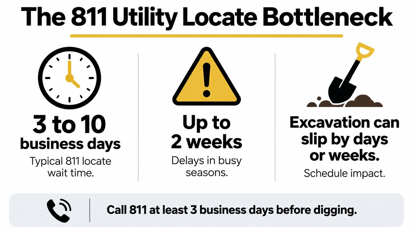 An infographic showing the 811 utility locate bottleneck with estimated wait times and schedule impacts.