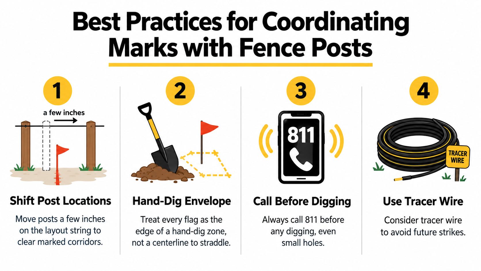 A guide illustrating four best practices for safely coordinating fence post installation near utility markers.
