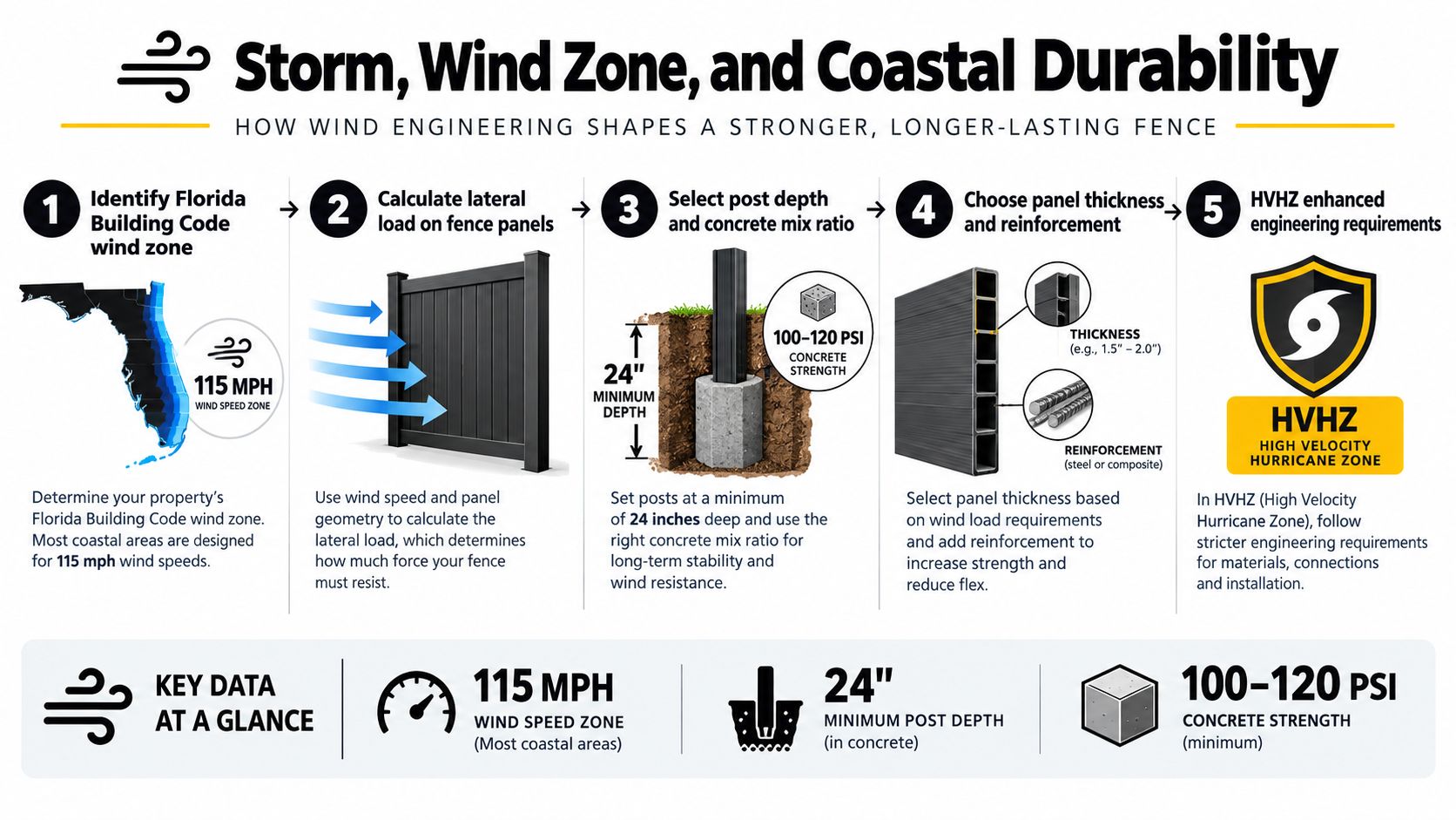 An infographic showing five engineering steps for building storm-resistant fences in Florida's high wind zones.
