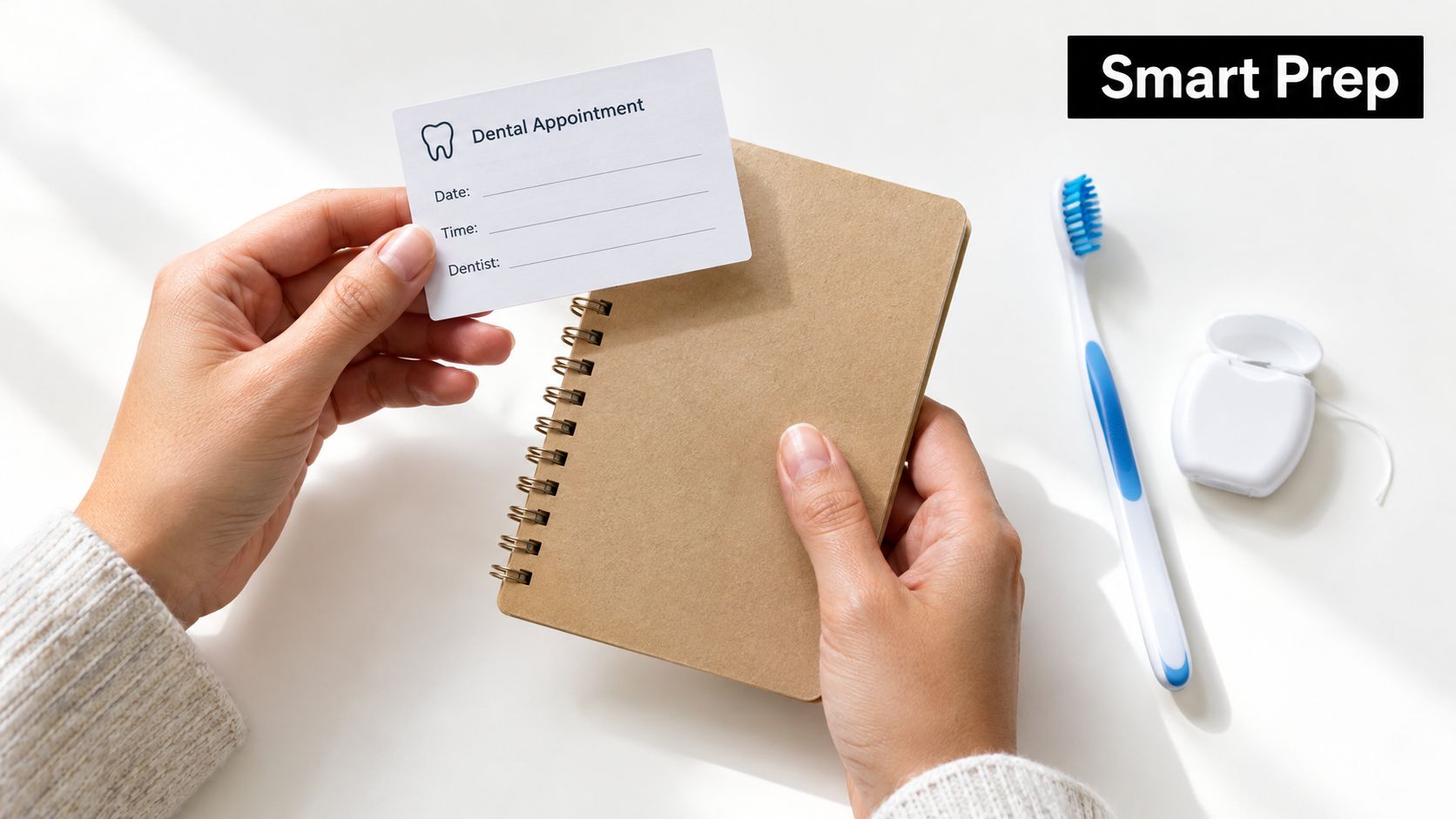 A person holding a dental appointment card above a notebook with a toothbrush and dental floss nearby.