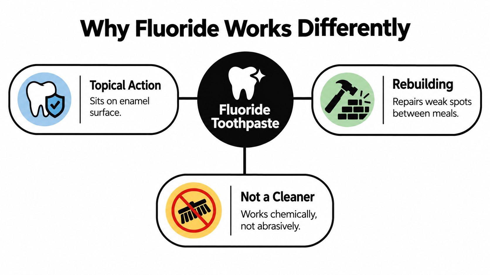 A diagram explaining that fluoride toothpaste works through topical action, rebuilding enamel, and chemical interaction rather than abrasion.