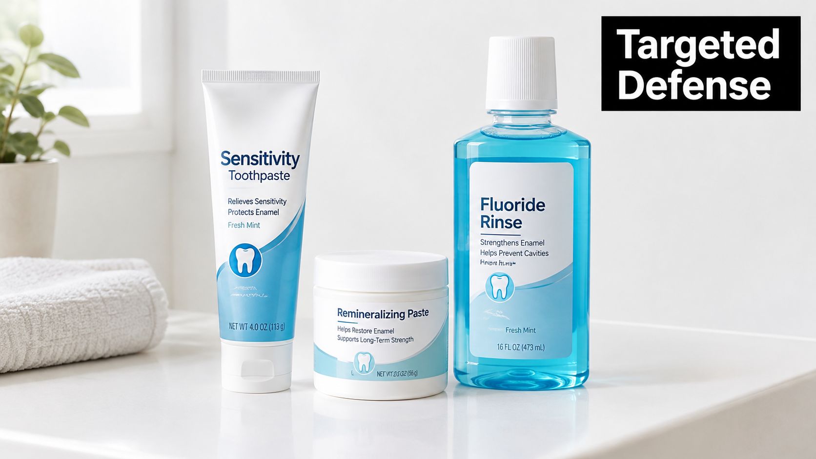 A set of three dental care products including sensitivity toothpaste, remineralizing paste, and fluoride rinse on a counter.