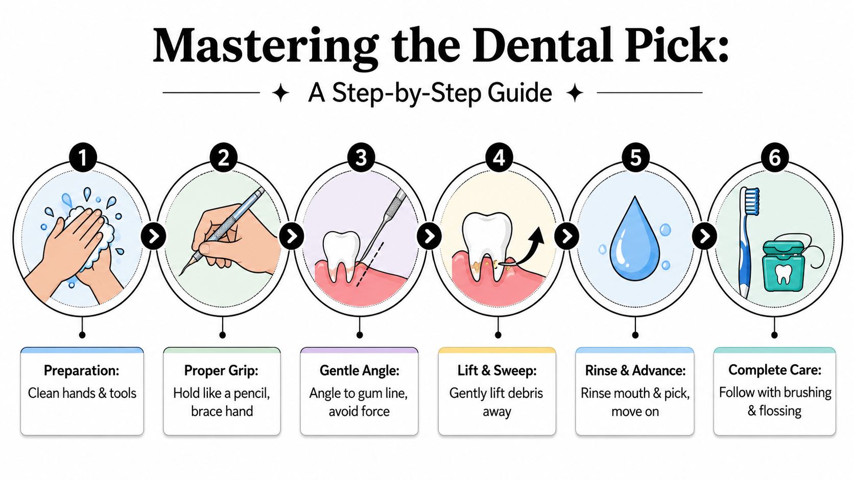 A six-step infographic illustrating the proper technique for using a dental pick at home safely.
