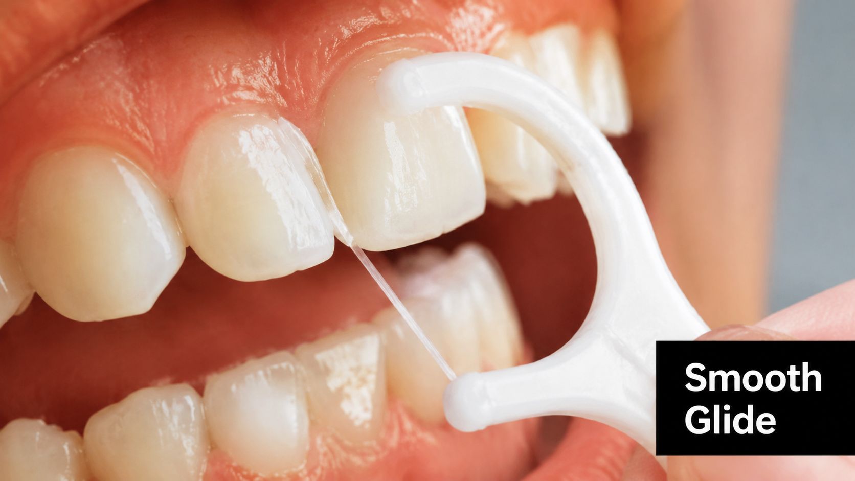 A close-up view of a person using a white plastic dental floss pick between their teeth.
