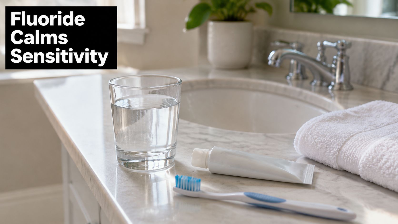 A glass of water, a tube of toothpaste, and a toothbrush sitting on a marble bathroom vanity.
