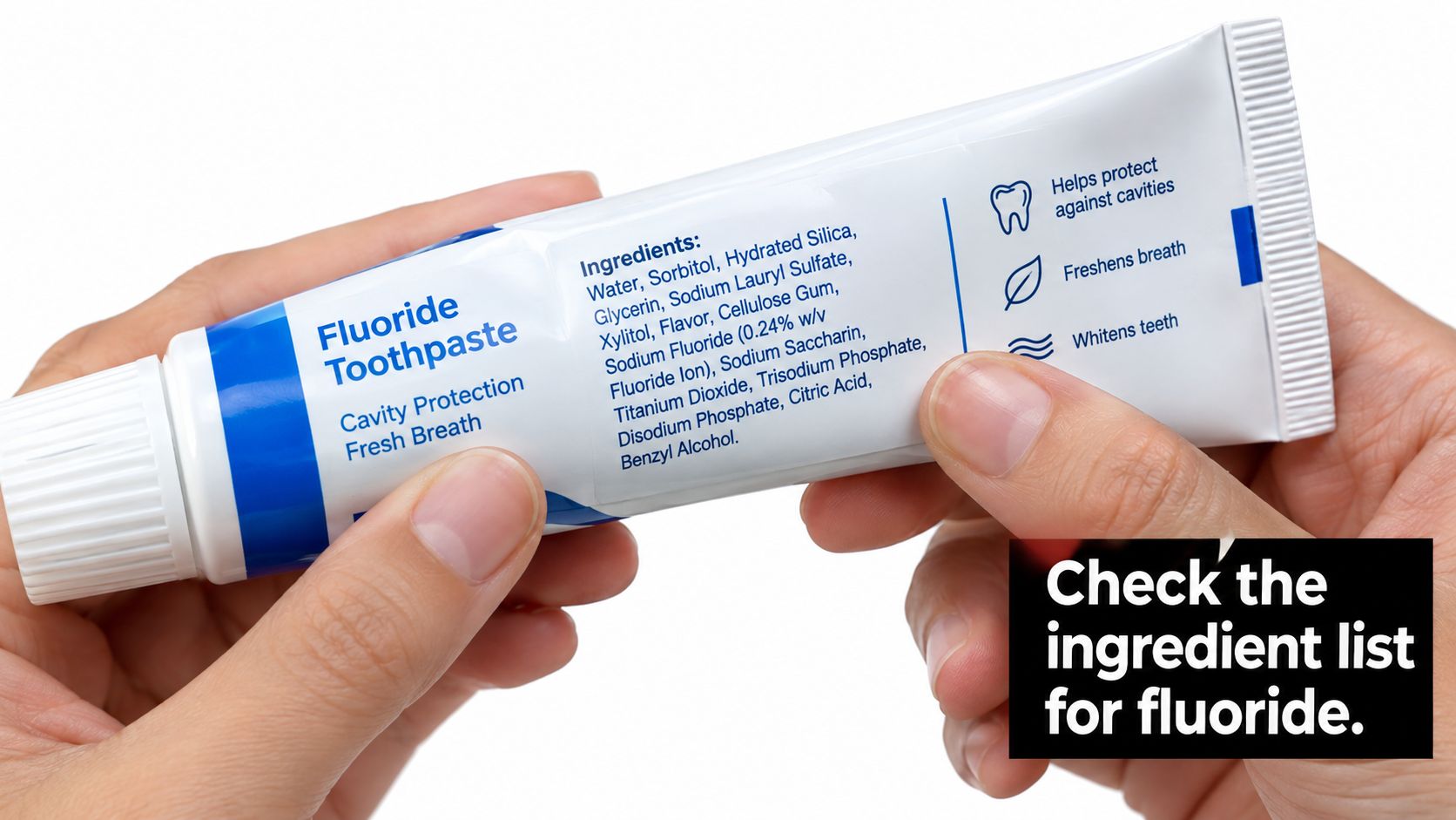 A pair of hands holds a tube of fluoride toothpaste displaying the ingredients list on the packaging.