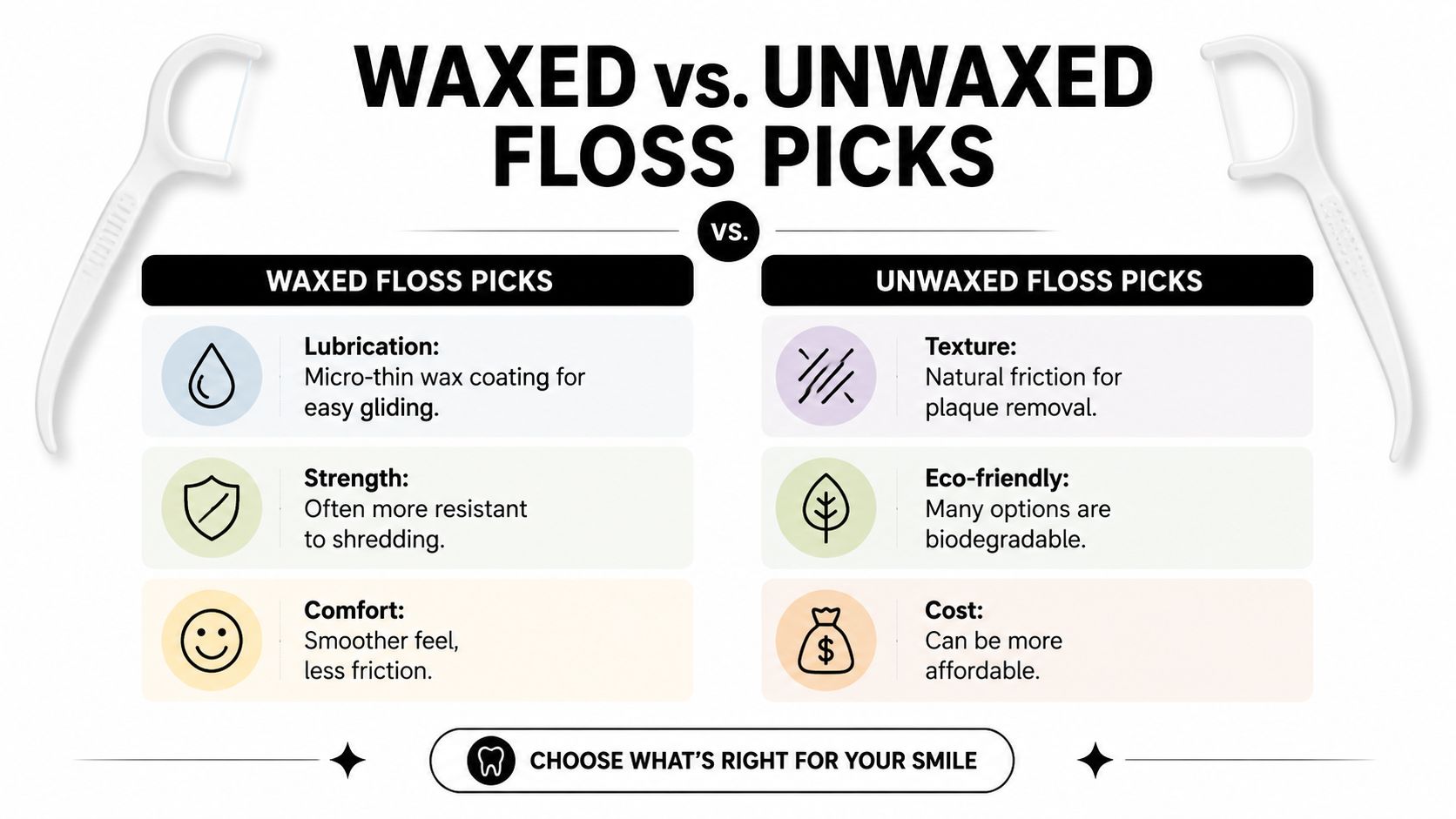 A comparison chart highlighting the differences between waxed and unwaxed dental floss picks for oral care.