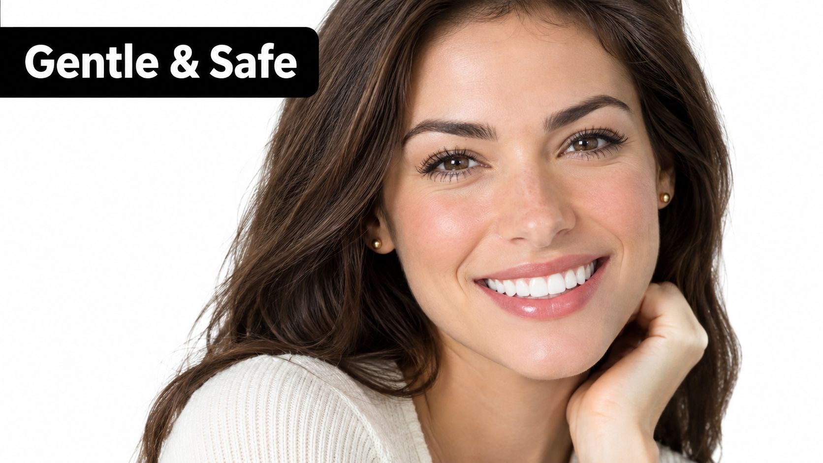 A smiling woman with bright white teeth reflecting the results of Glo Science teeth whitening treatment.