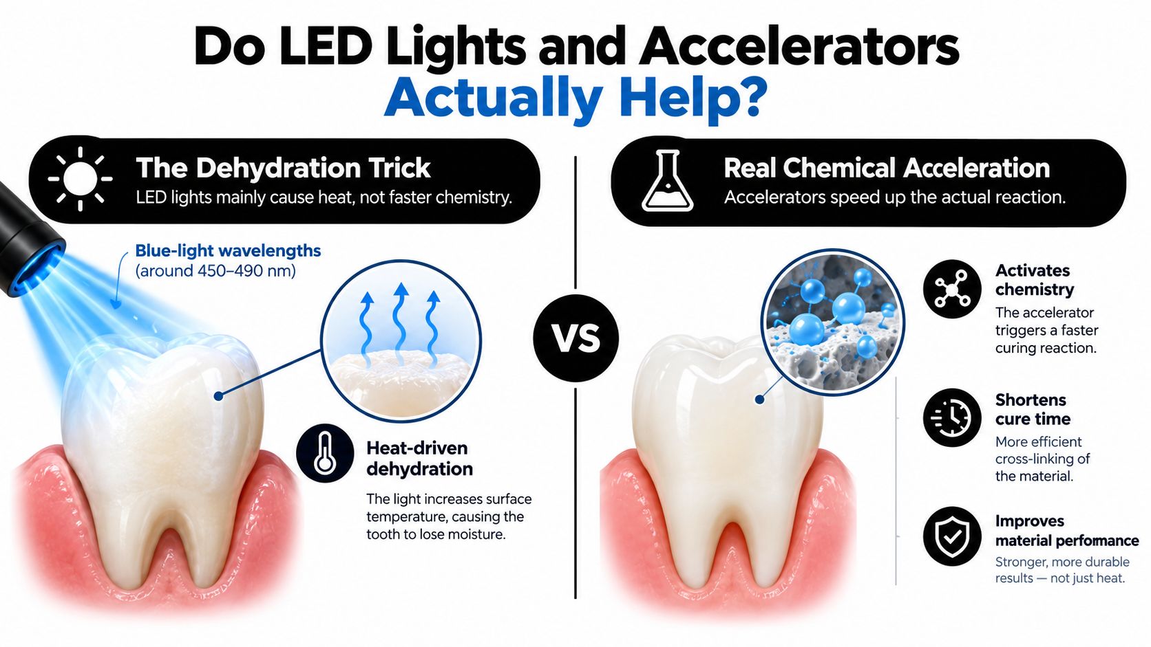 An infographic comparing the effects of LED lights and chemical accelerators on the teeth whitening process.