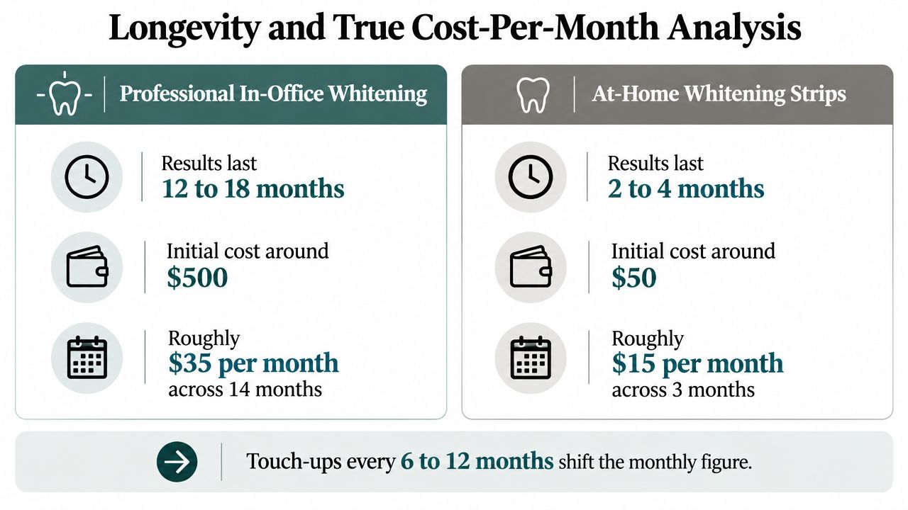 A comparison chart showing longevity and costs for professional in-office whitening versus at-home whitening strips.