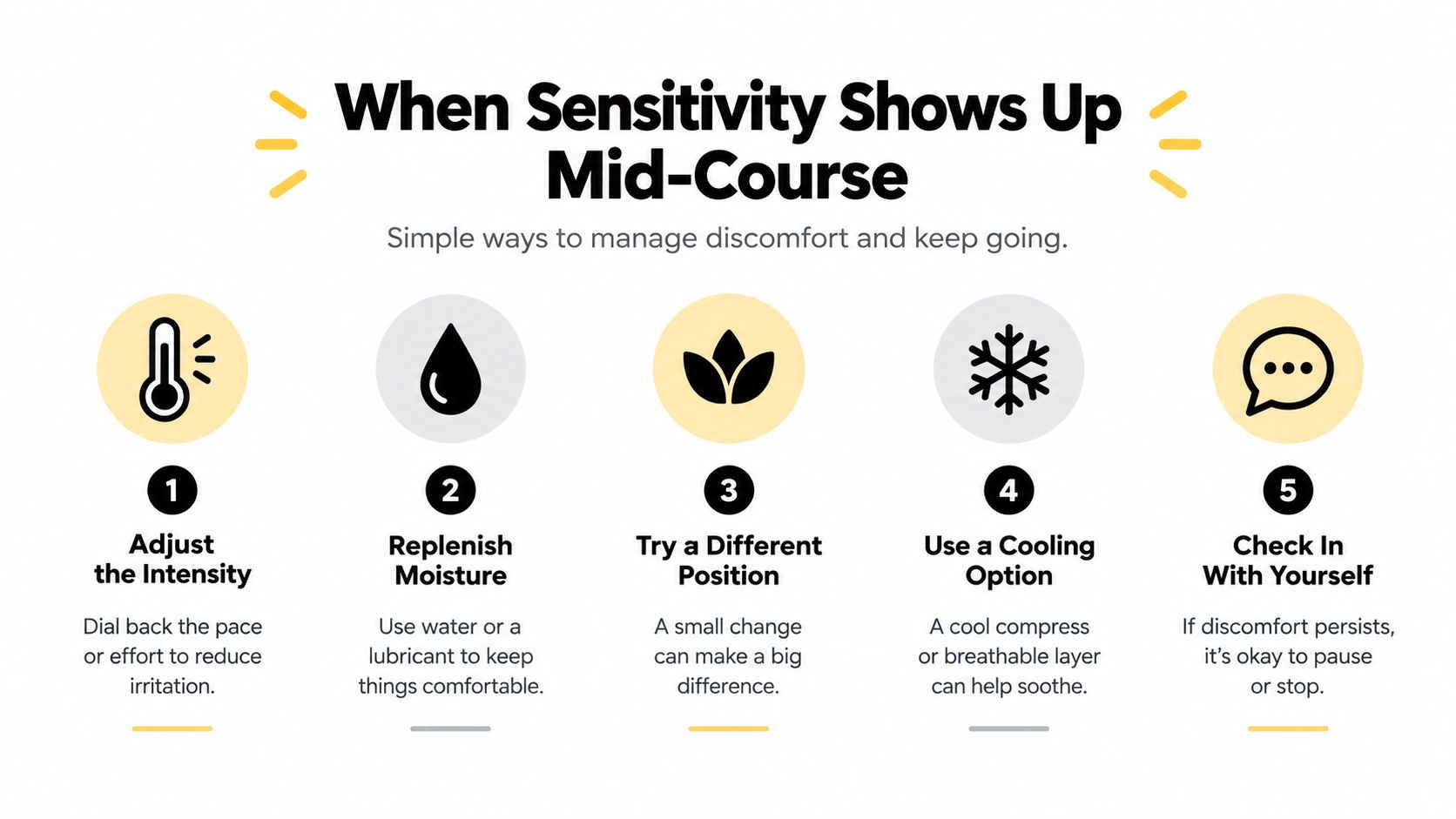 A five-step instructional guide on how to manage physical sensitivity during a wellness or exercise routine.