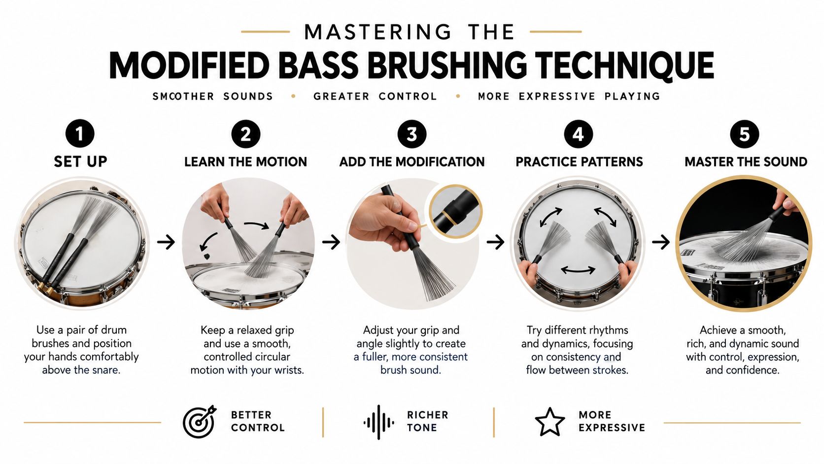 A step-by-step instructional infographic titled Mastering the Modified Bass Brushing Technique for drumming, showing hand positioning and motions.