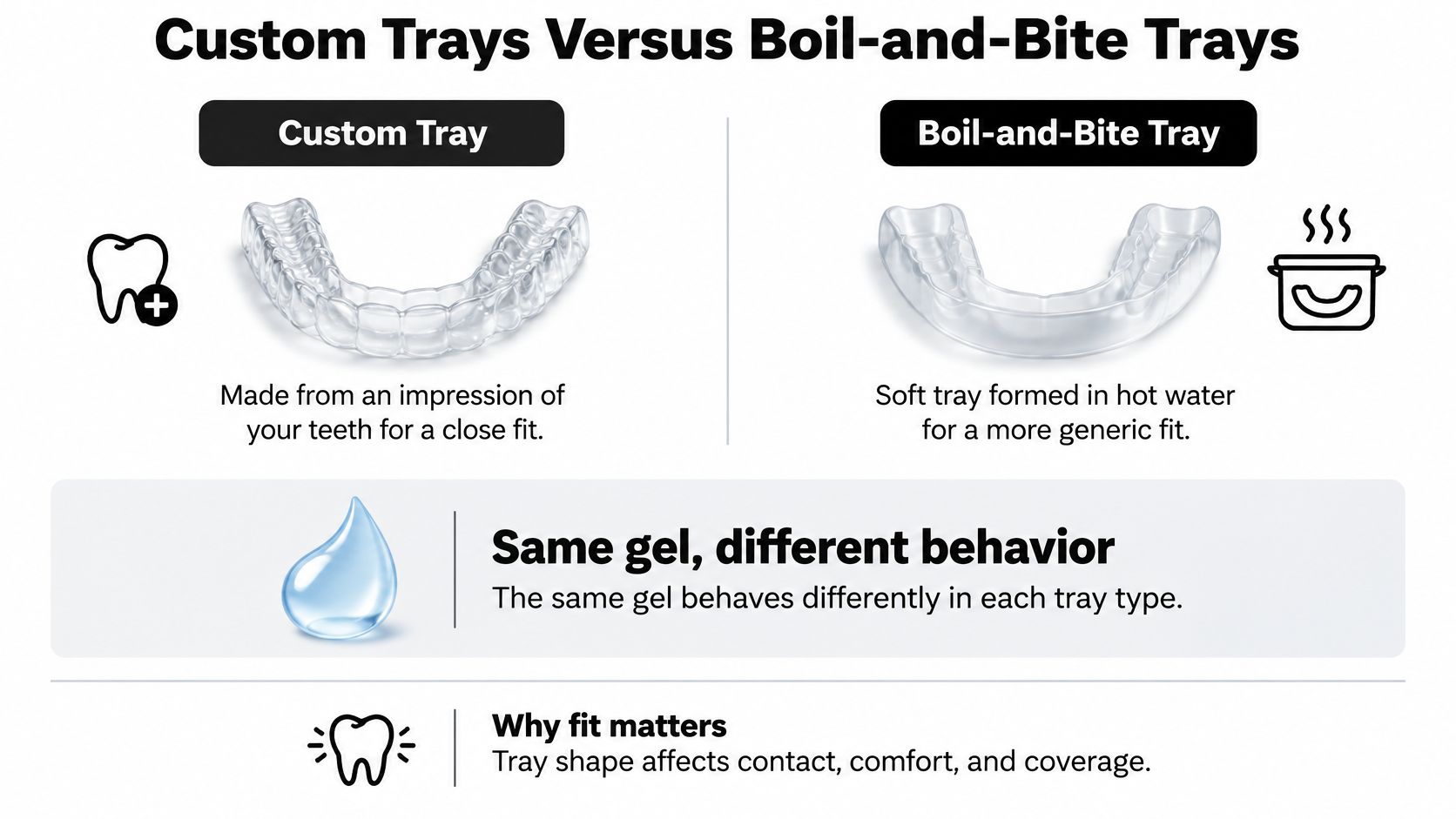 A comparison illustration between custom-made dental trays and boil-and-bite trays for teeth whitening or protection.
