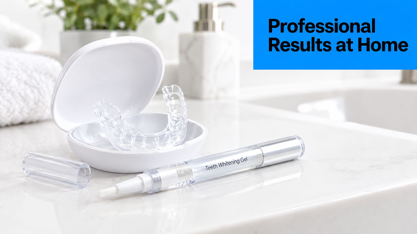 A professional teeth whitening kit including a gel pen and clear dental tray on a marble countertop.