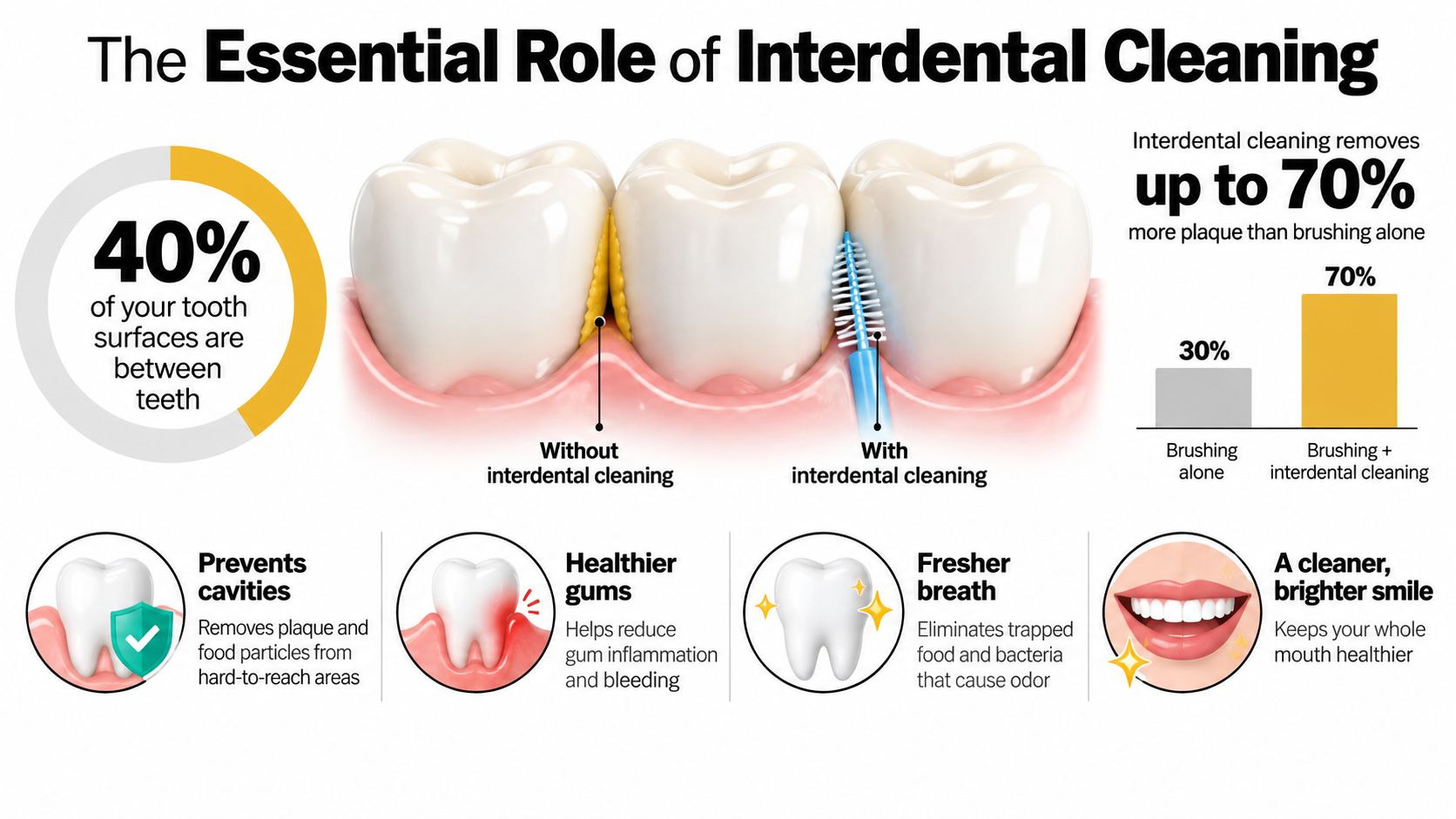 An infographic showing the importance of interdental cleaning for healthier gums, fresher breath, and preventing tooth decay.