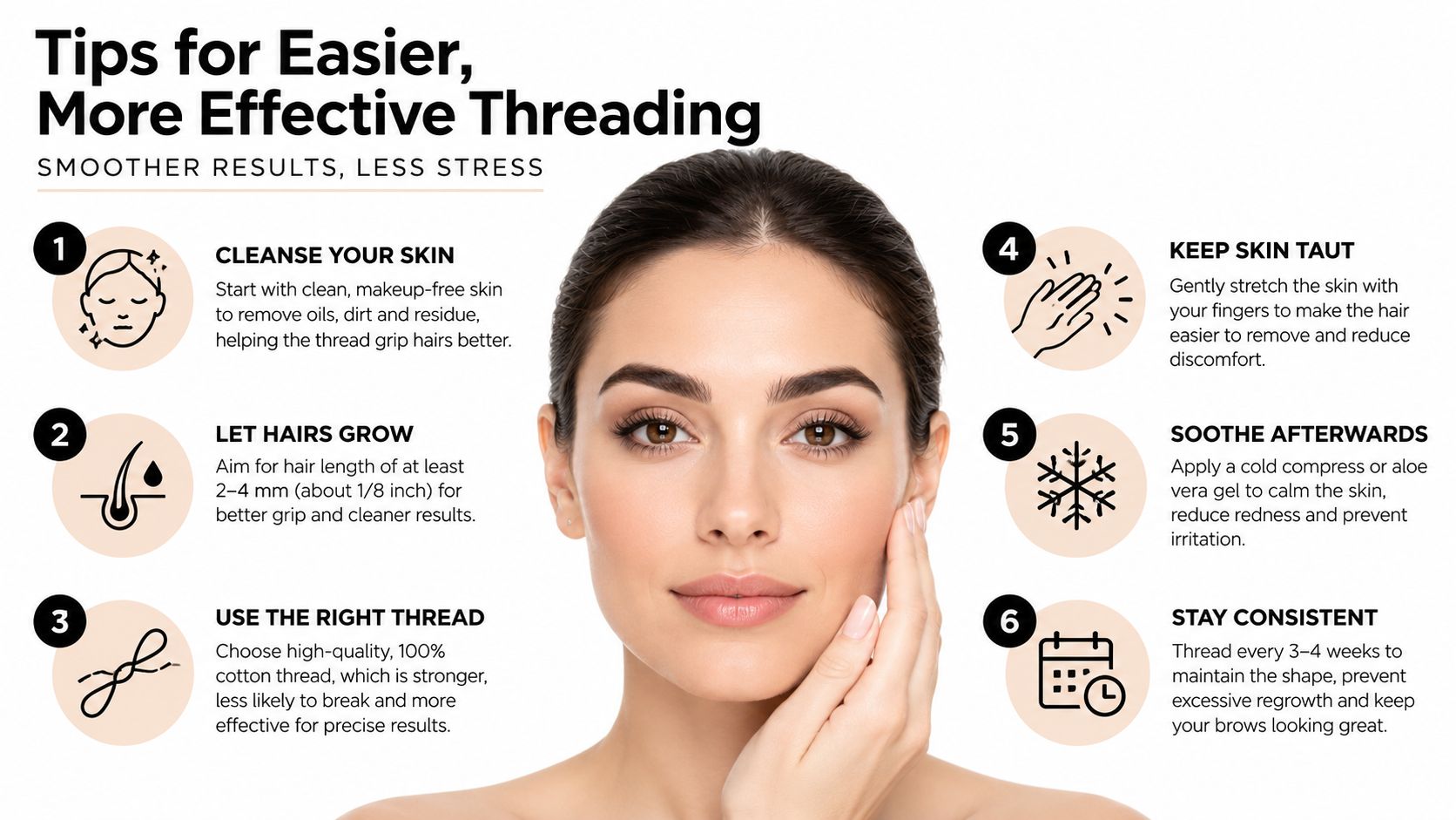 An infographic titled Tips for Easier, More Effective Threading featuring six steps for facial hair removal.