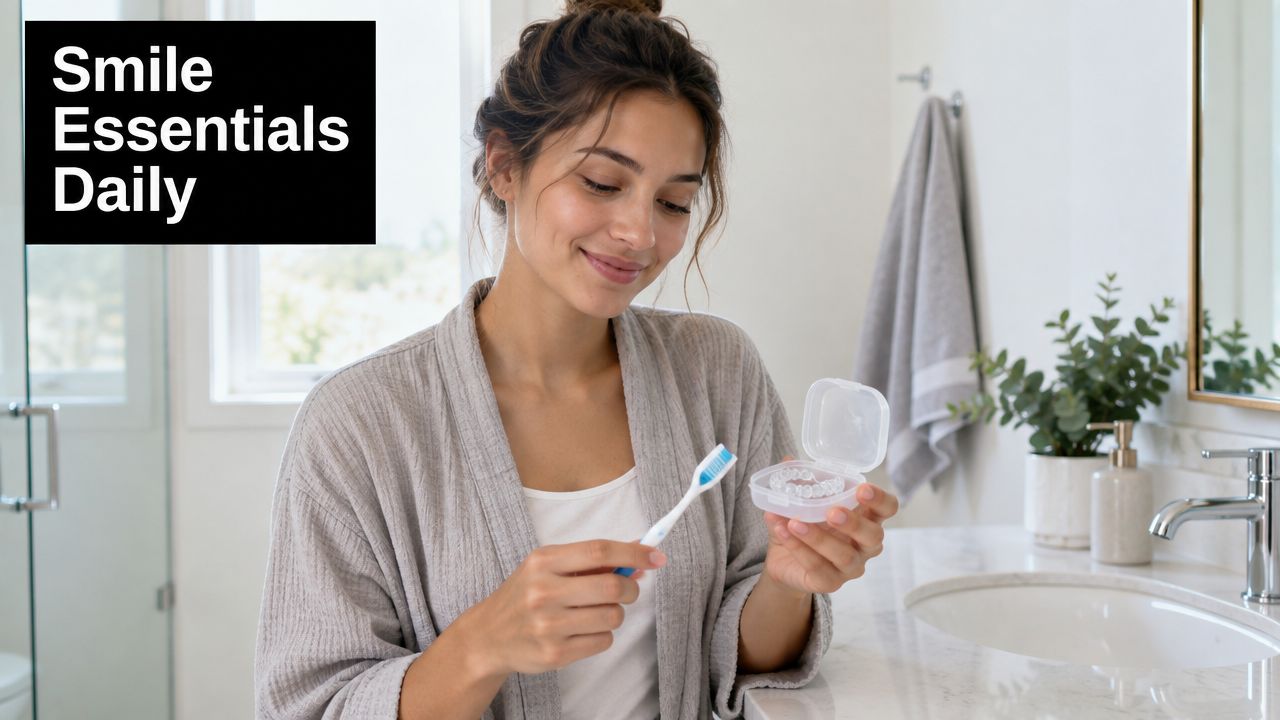 A woman in a robe holds a toothbrush and an aligner case in her bathroom.
