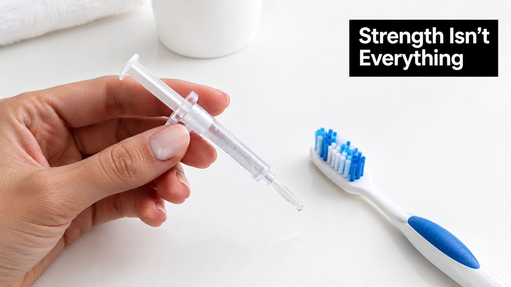 A hand holding a whitening gel syringe next to a toothbrush on a white surface.