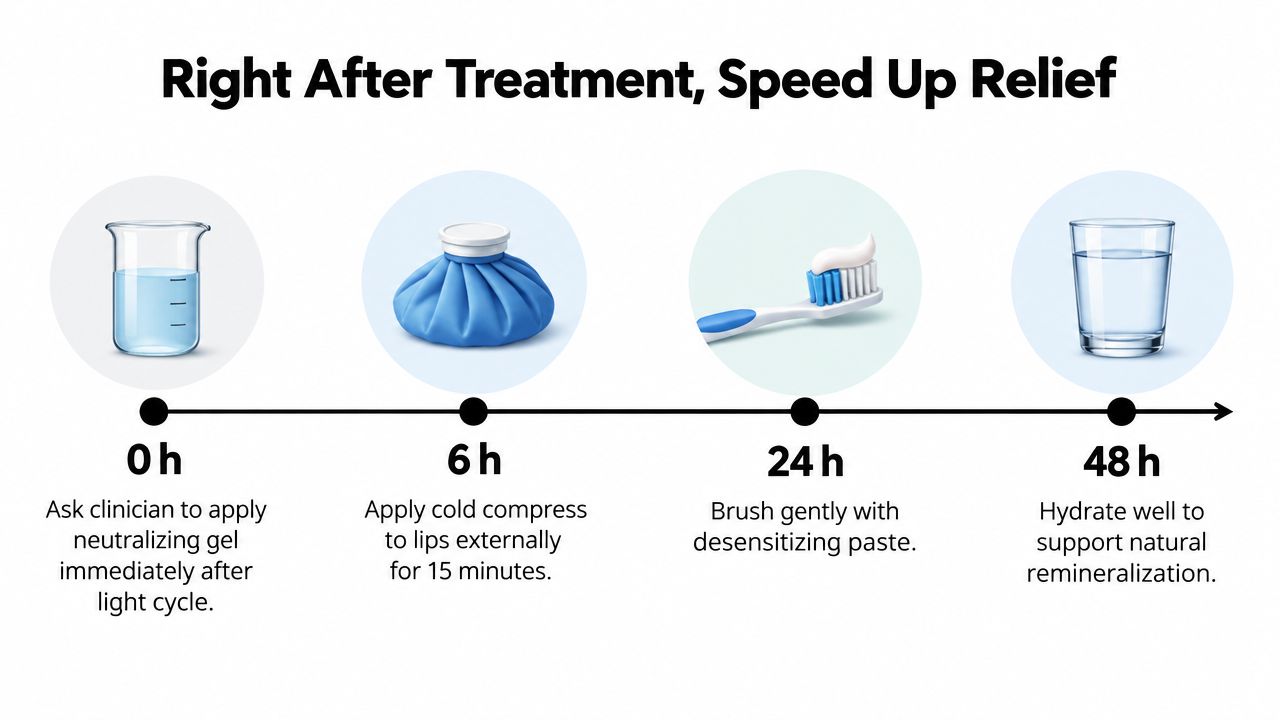 A timeline graphic showing post-treatment care instructions for whitening teeth at zero, six, twenty-four, and forty-eight hours.