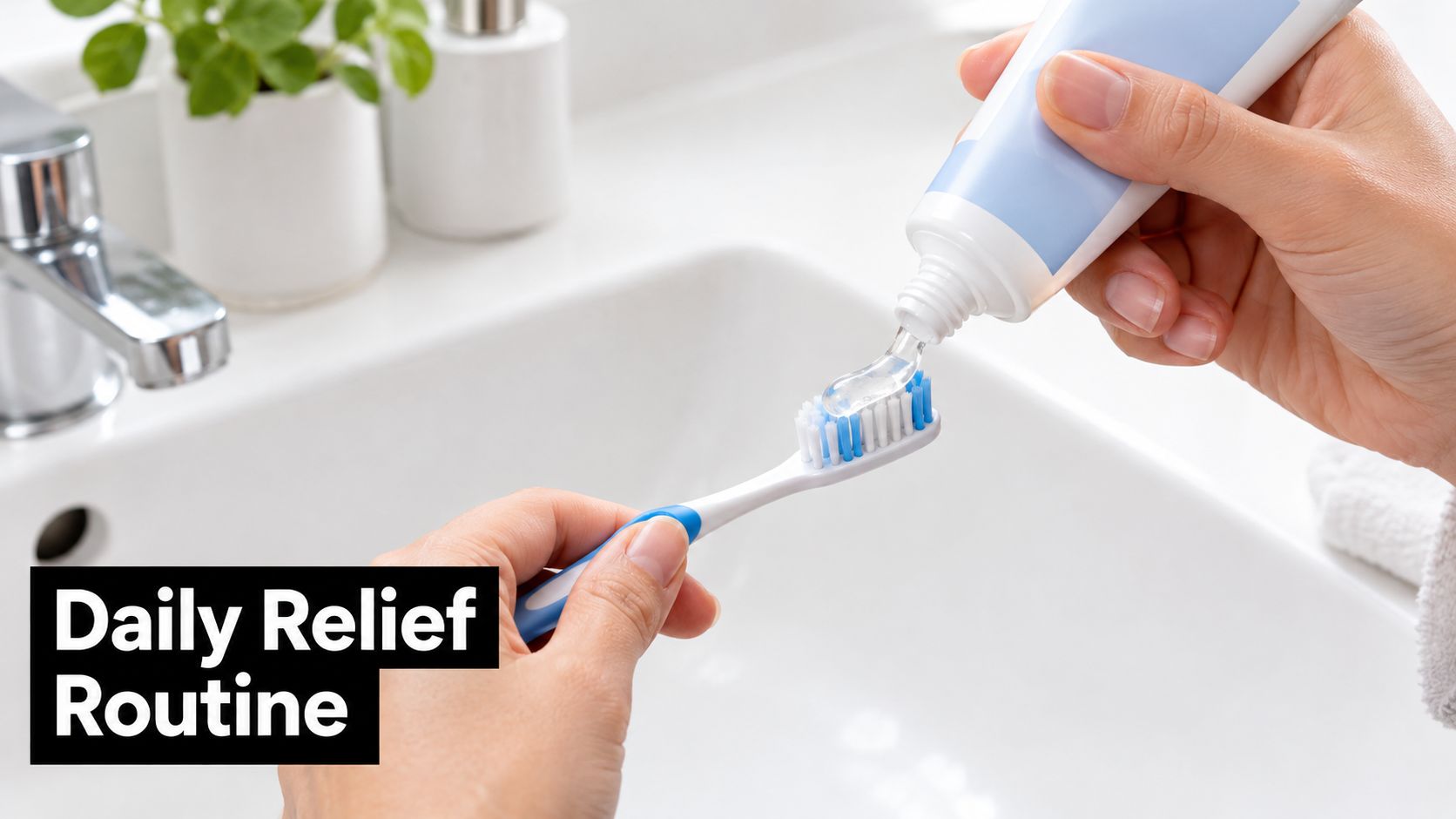 A person applying clear relief gel onto a blue and white toothbrush in a bathroom sink setting.
